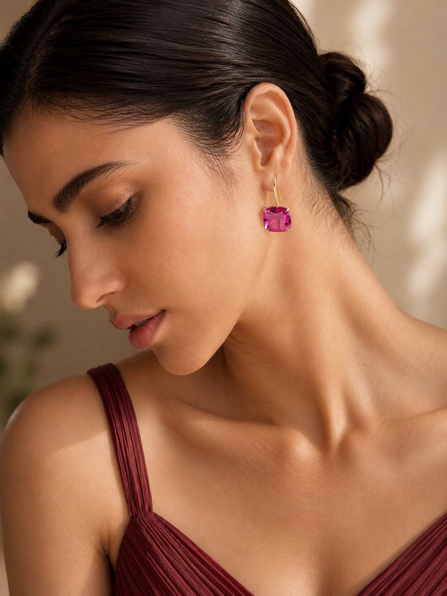 Elegant Red Ruby Cushion Drop Earrings
