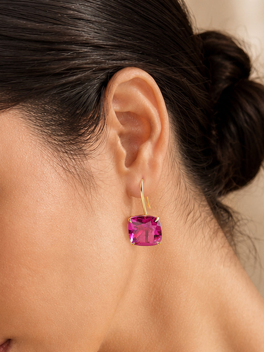 Elegant Red Ruby Cushion Drop Earrings