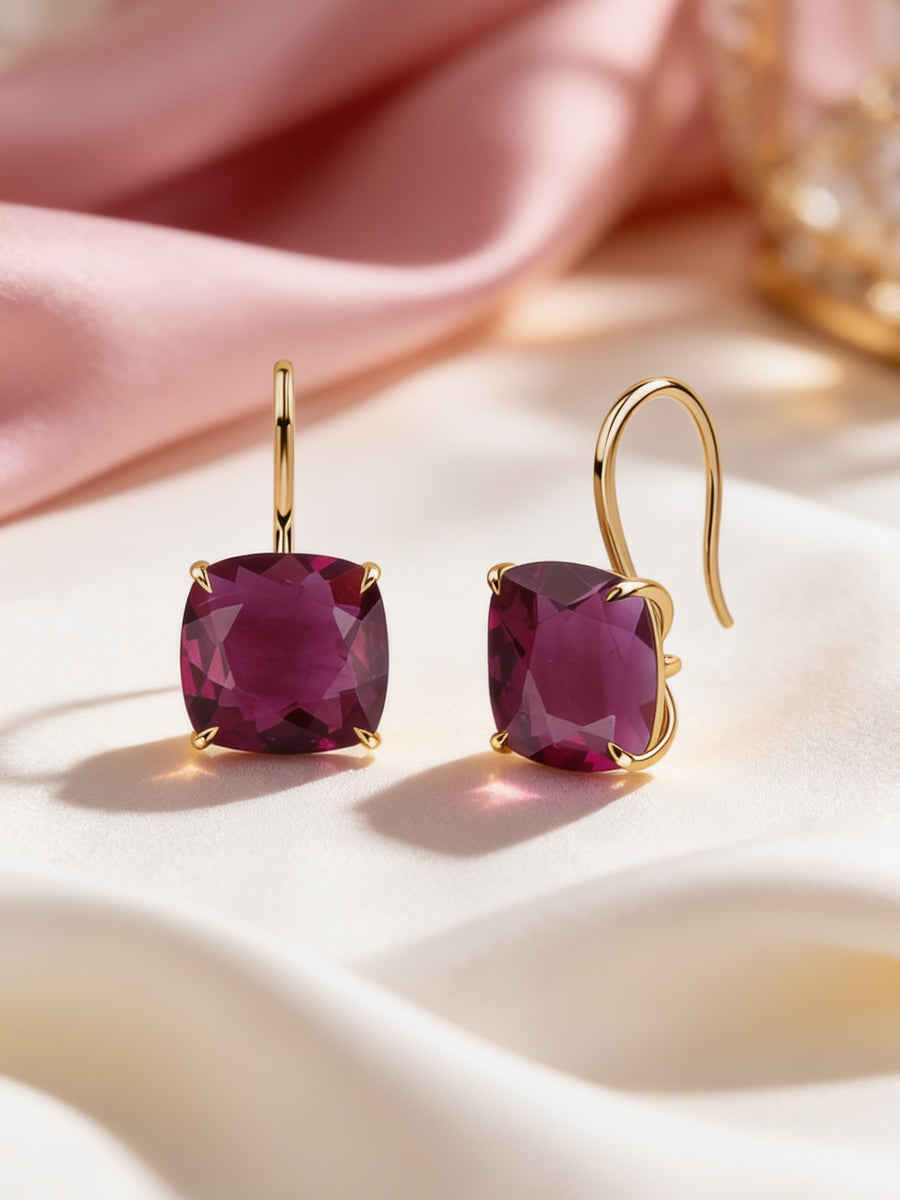 Elegant Purple Amethyst Cushion Drop Earrings