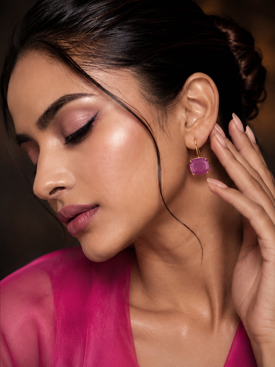 Elegant Pink Sapphire Cushion Drop Earrings
