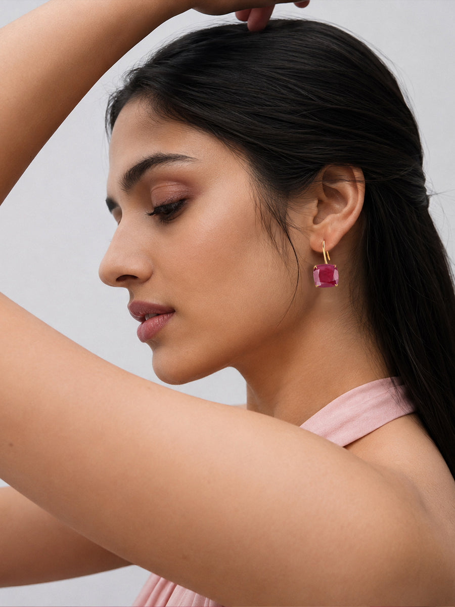 Elegant Red Ruby Cushion Drop Earrings