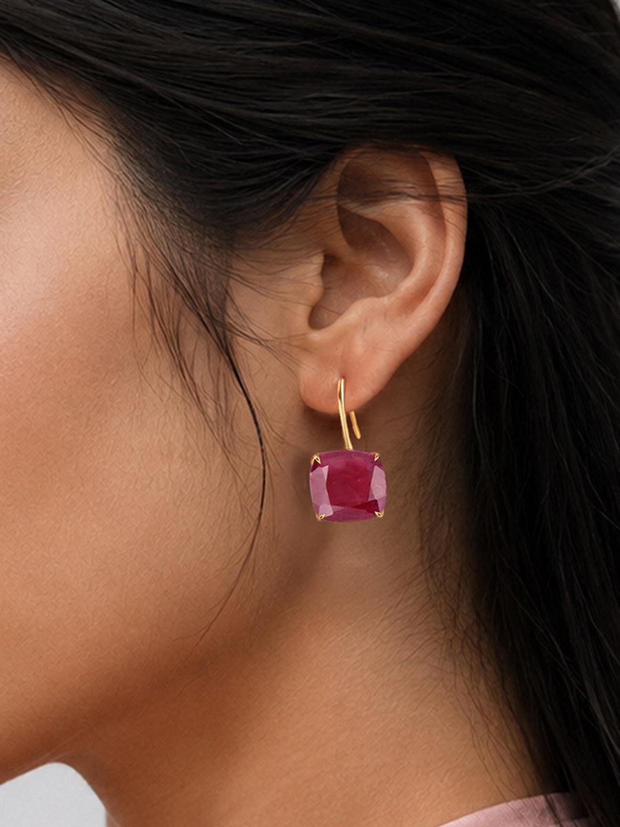 Elegant Red Ruby Cushion Drop Earrings