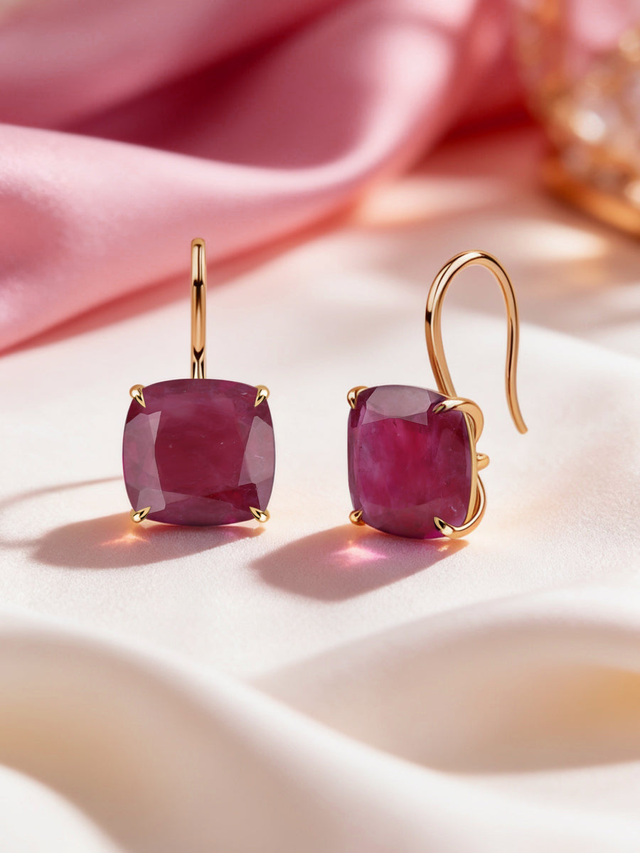 Elegant Red Ruby Cushion Drop Earrings