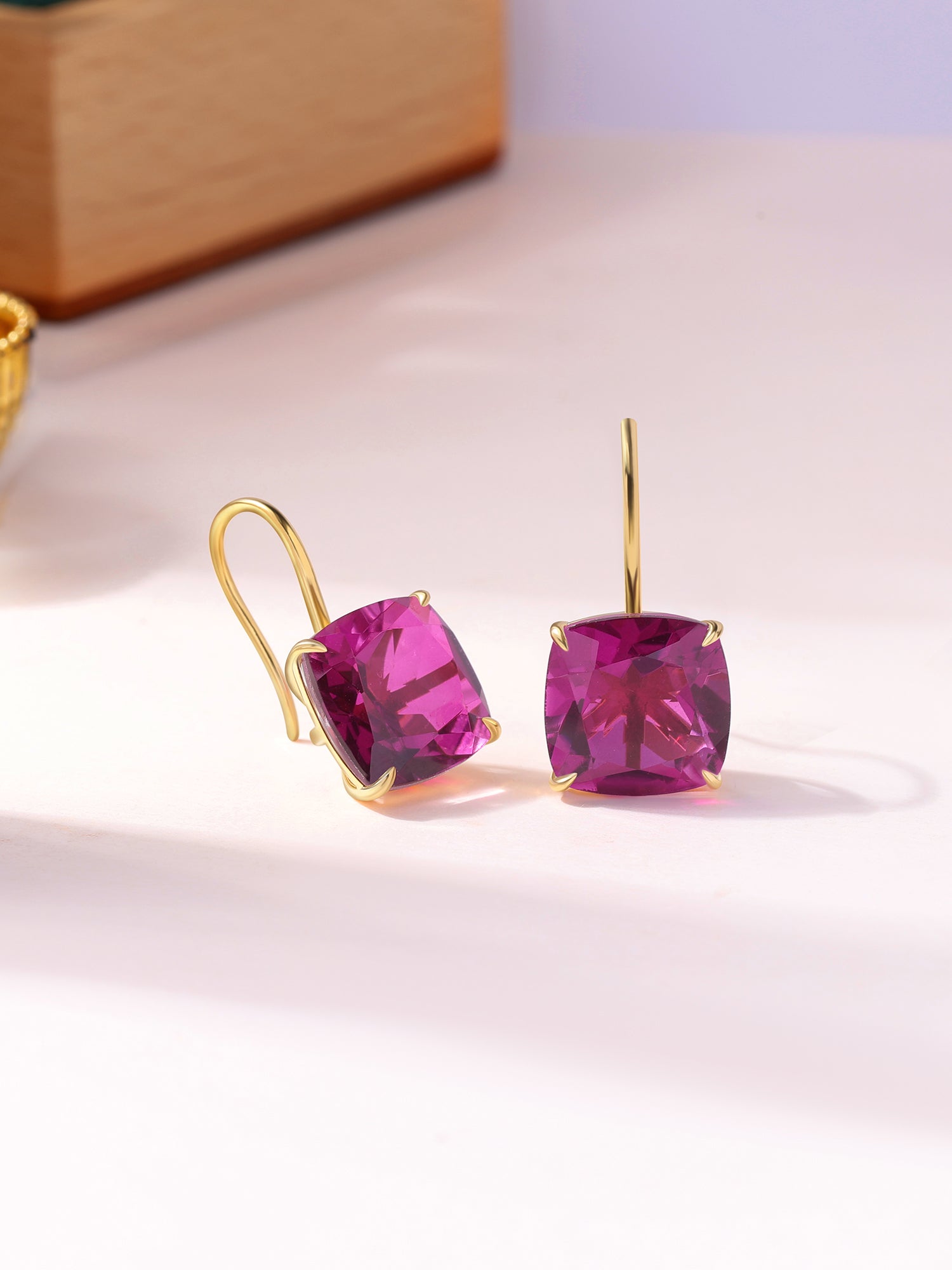Elegant Rhodolite Pink Cushion Drop Earrings