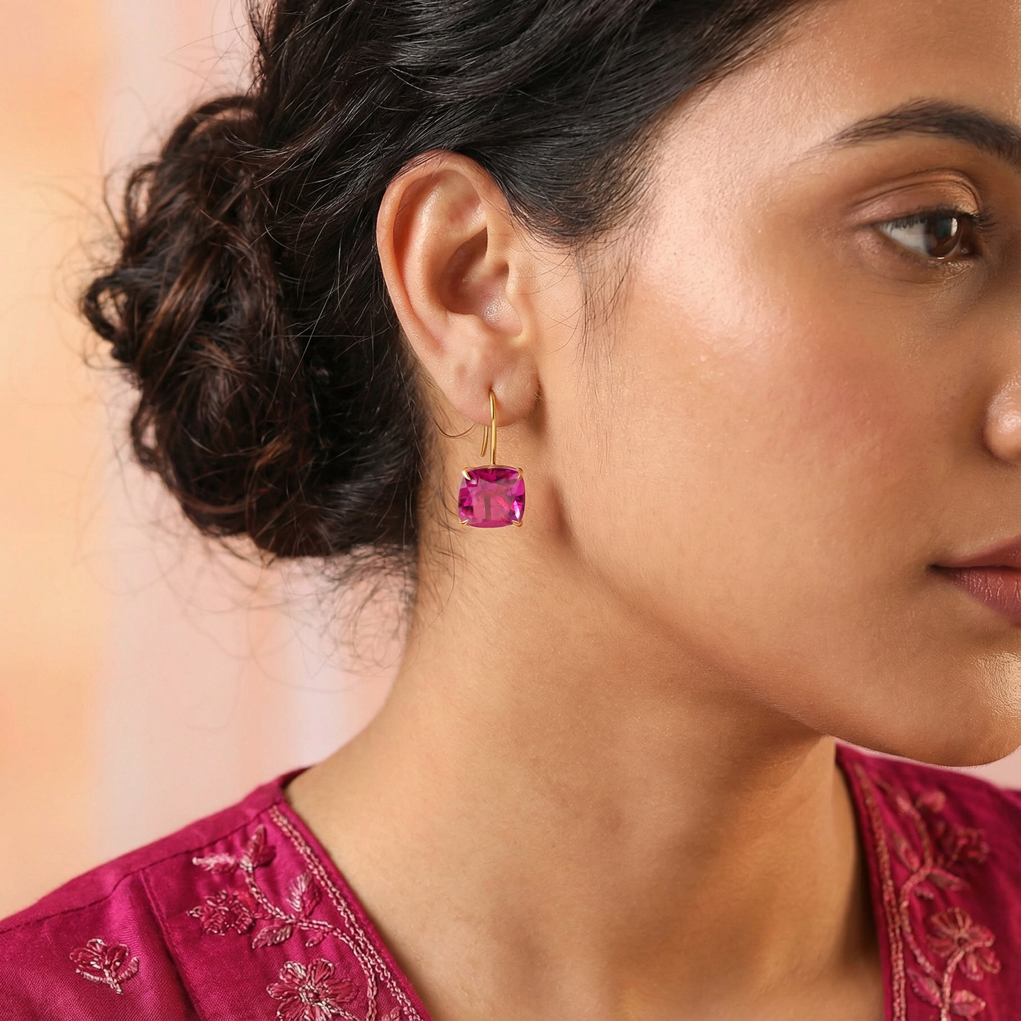 Elegant Rhodolite Pink Cushion Drop Earrings