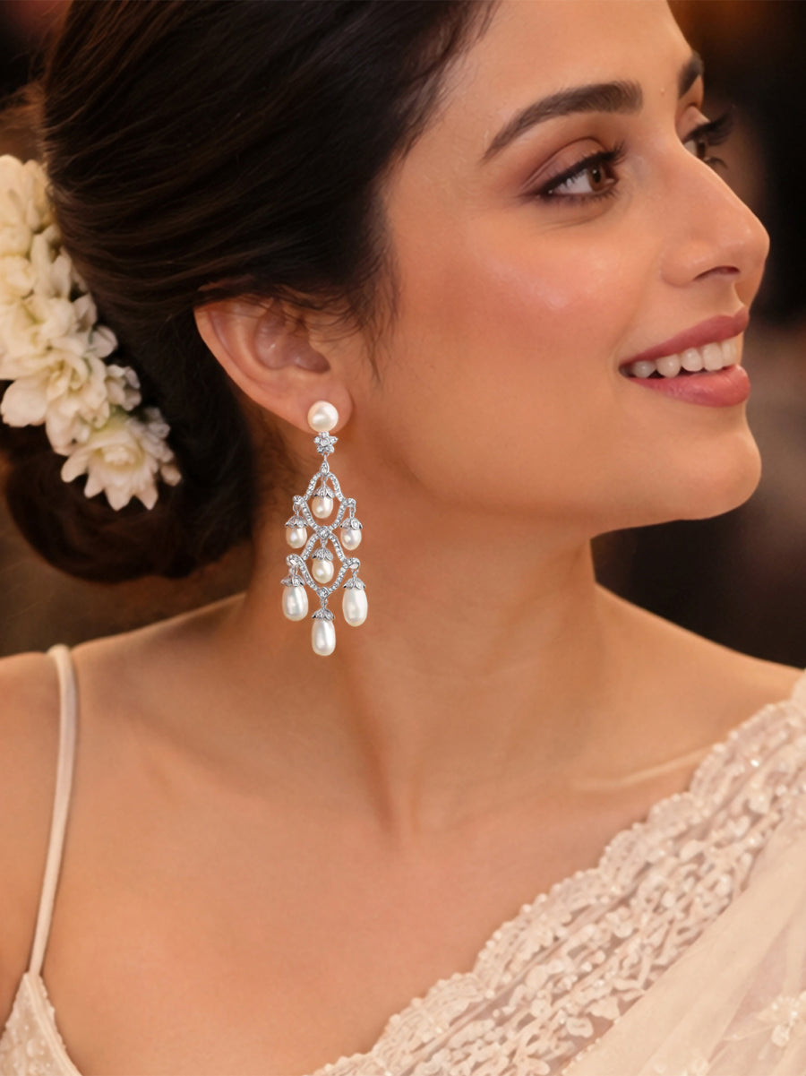 Natural Pearl Cascade Silver Drop Earrings