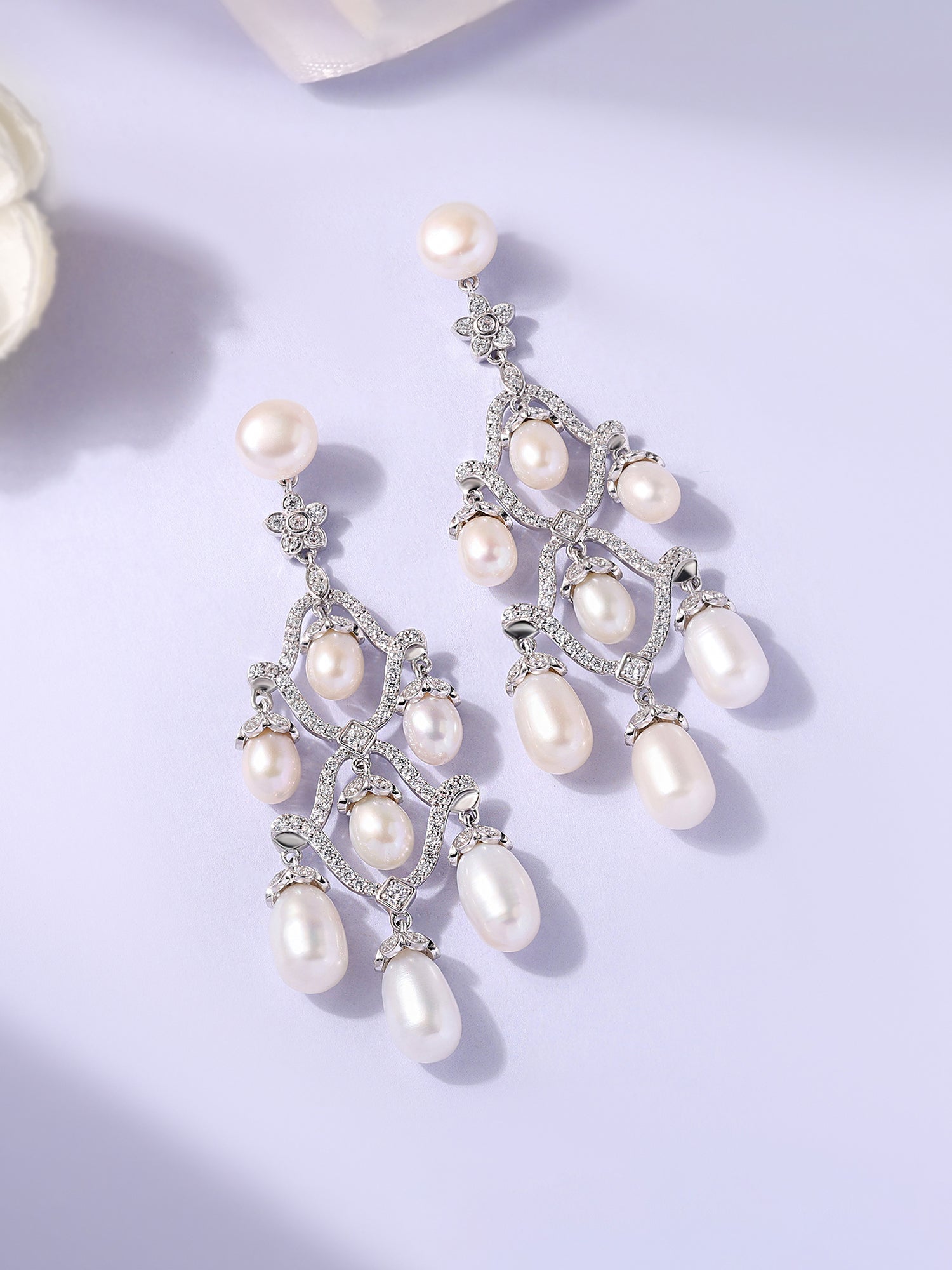 White Pearl Cascade Silver Drop Earrings