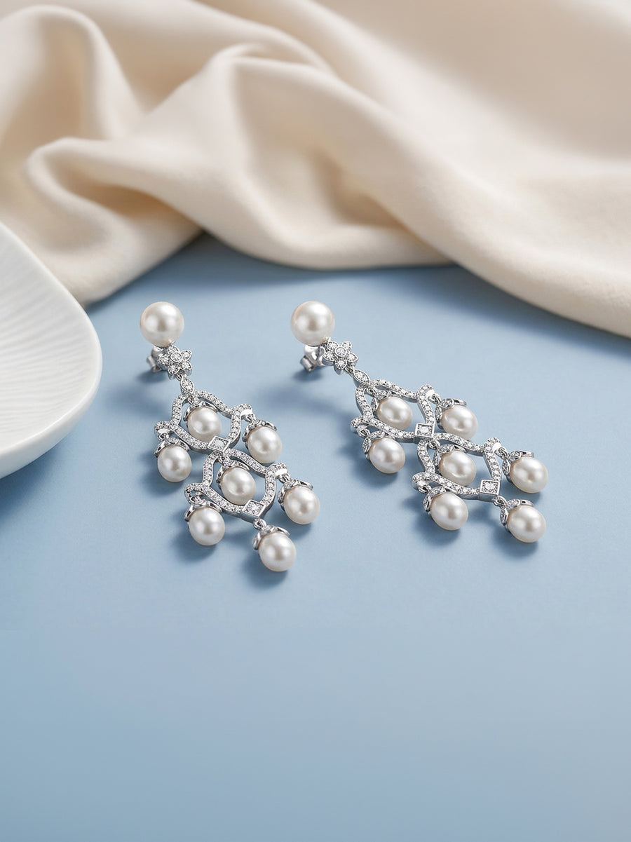 Natural Pearl Cascade Silver Drop Earrings