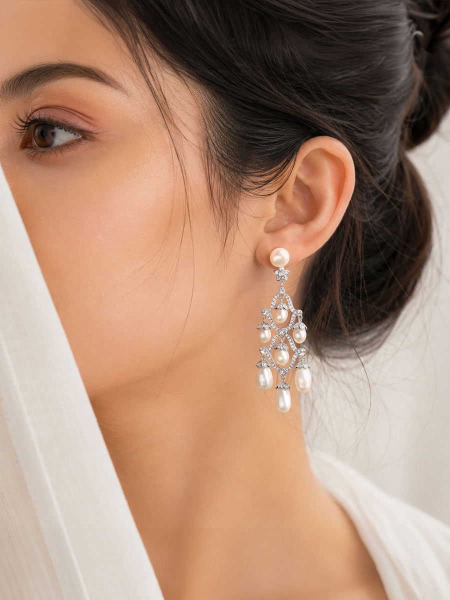 Natural Pearl Cascade Silver Drop Earrings