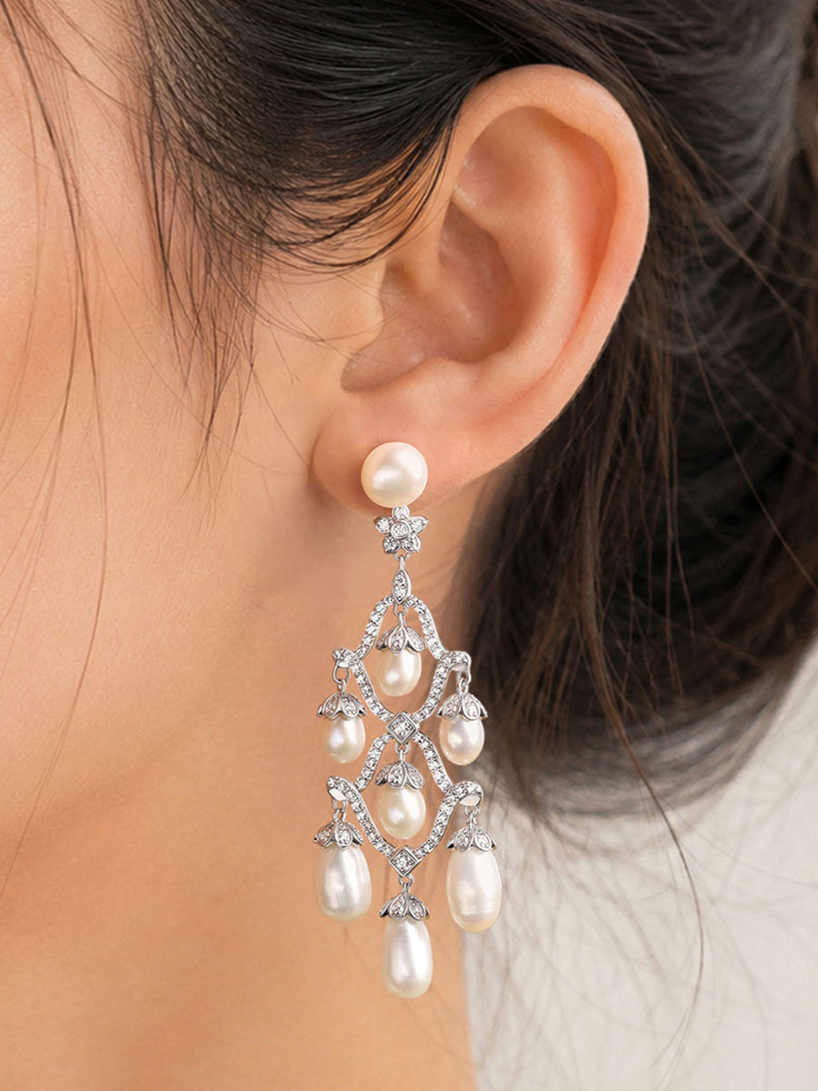 Natural Pearl Cascade Silver Drop Earrings