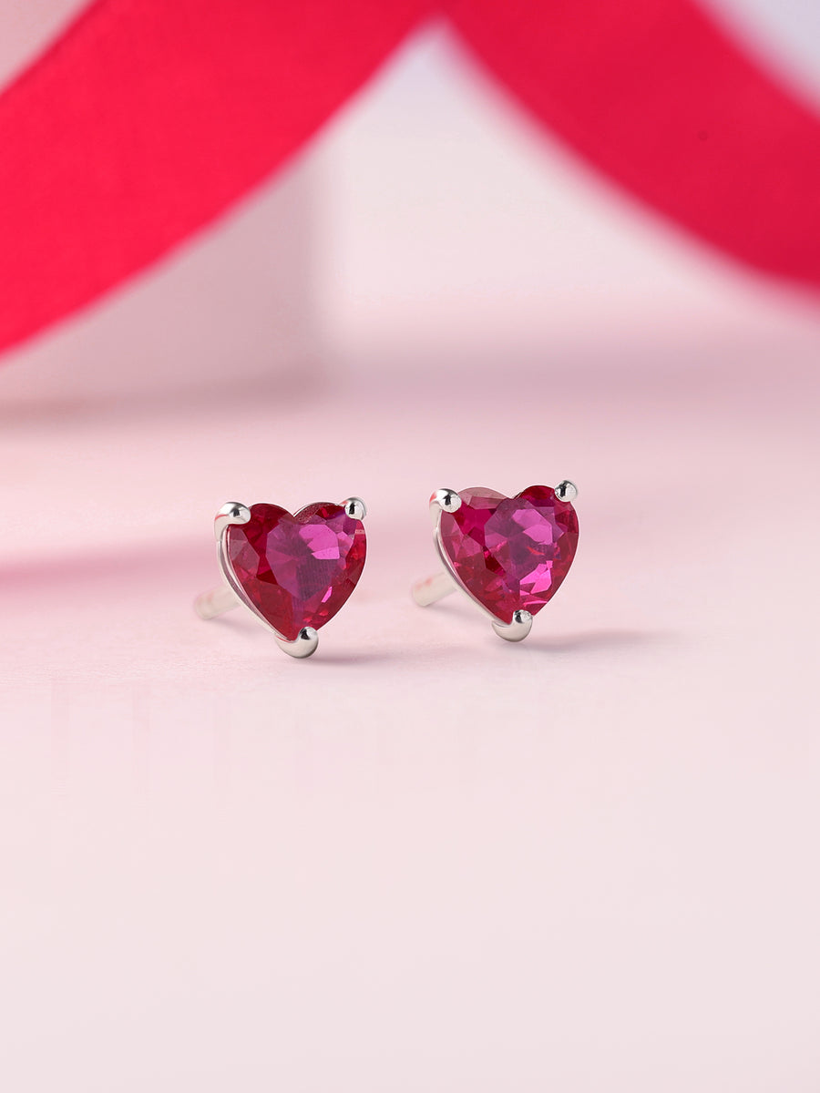 Heart Ruby Silver Stud Earrings