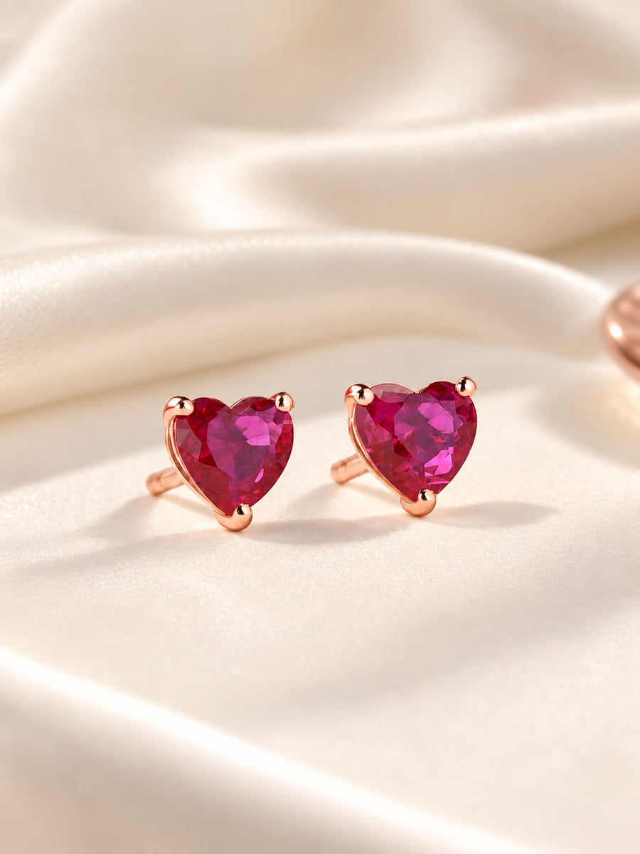 Heart Ruby CZ Rose Gold Plated Silver Stud Earrings