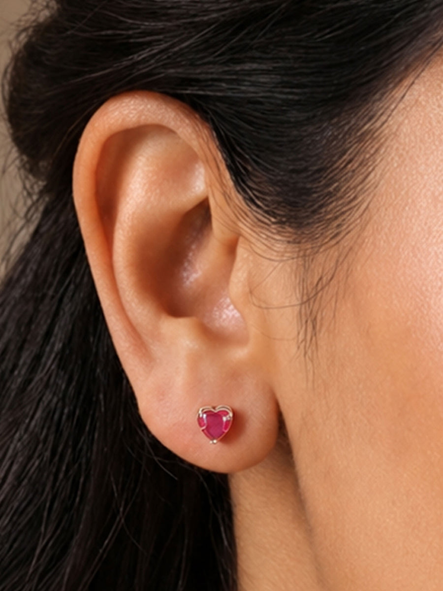 Heart Ruby CZ Rose Gold Plated Silver Stud Earrings