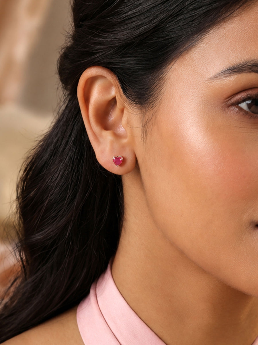 Heart Ruby CZ Rose Gold Plated Silver Stud Earrings