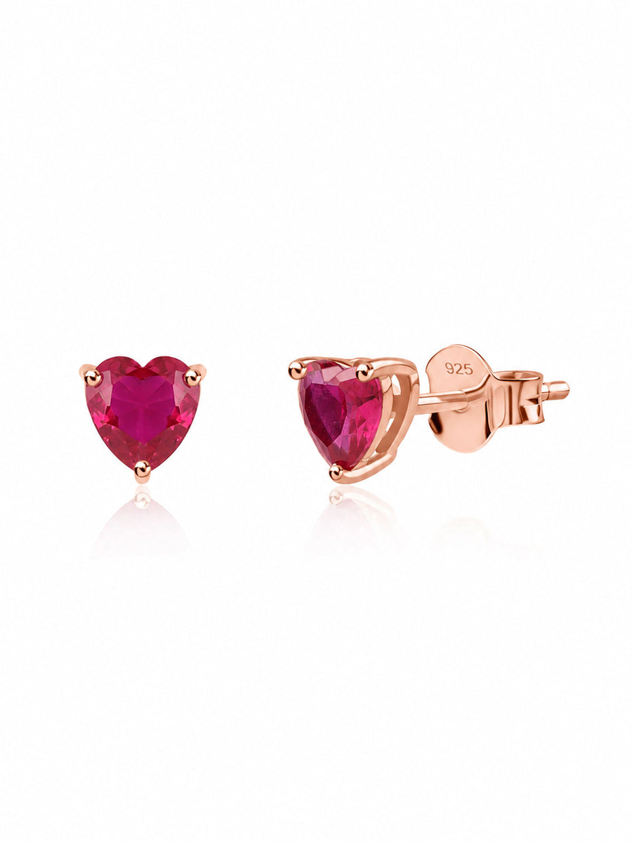 Heart Ruby CZ Rose Gold Plated Silver Stud Earrings