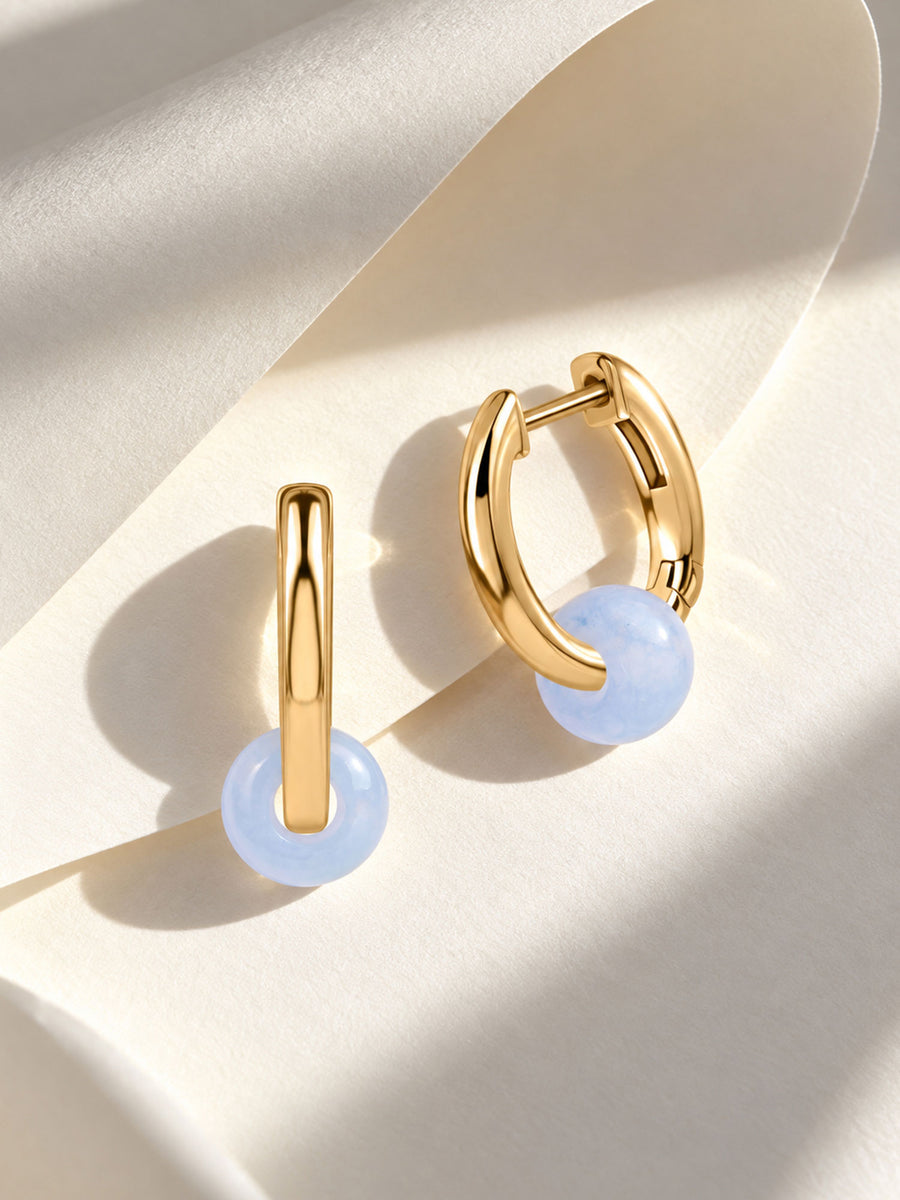 Natural Milky Aqua Hoop Charm Gold Plated Earrings for Women