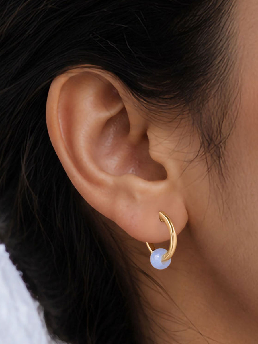 Natural Milky Aqua Hoop Charm Gold Plated Earrings for Women