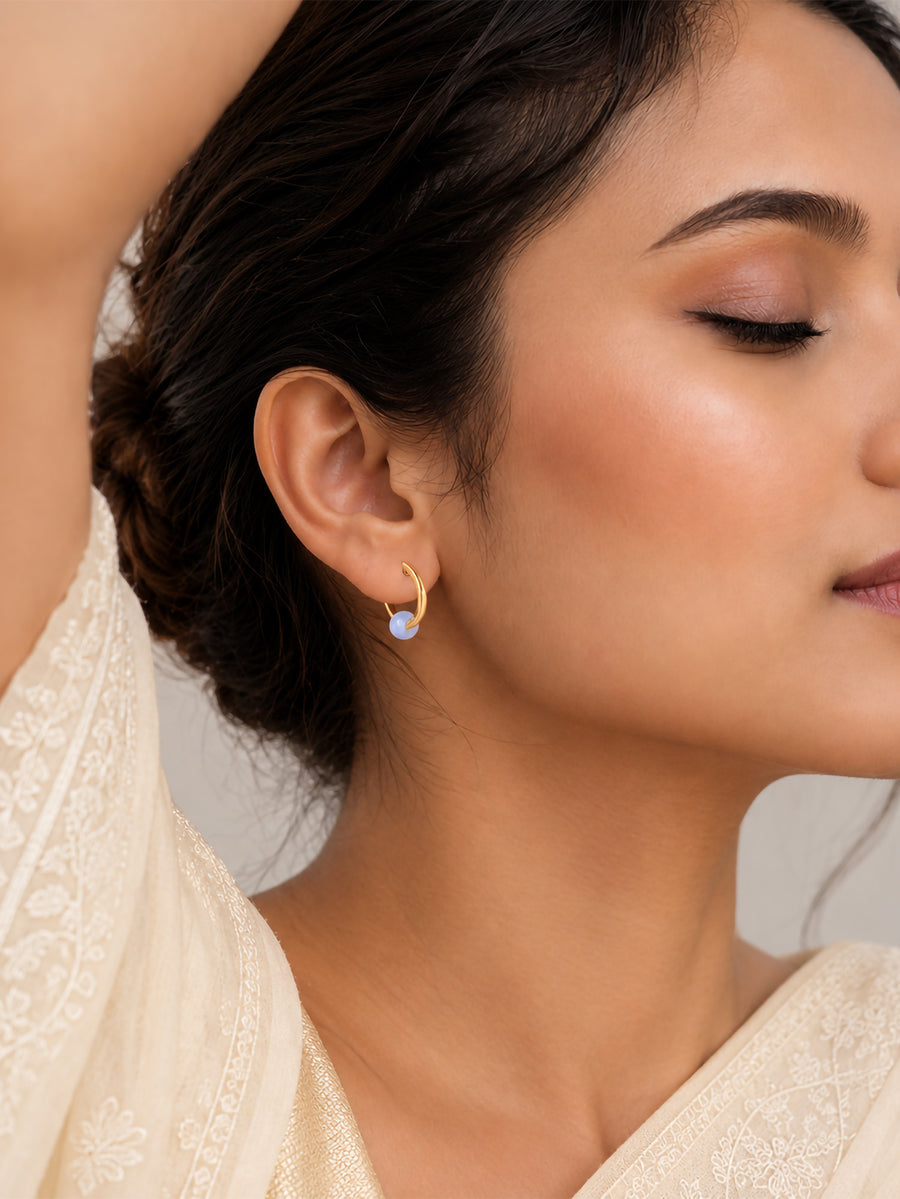 Natural Milky Aqua Hoop Charm Gold Plated Earrings for Women