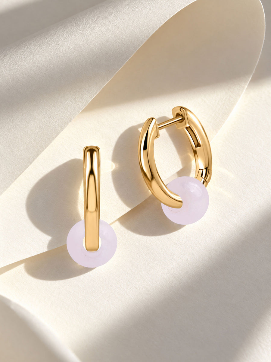 Natural Rose Quartz Hoop Charm Gold Plated Earrings for Women