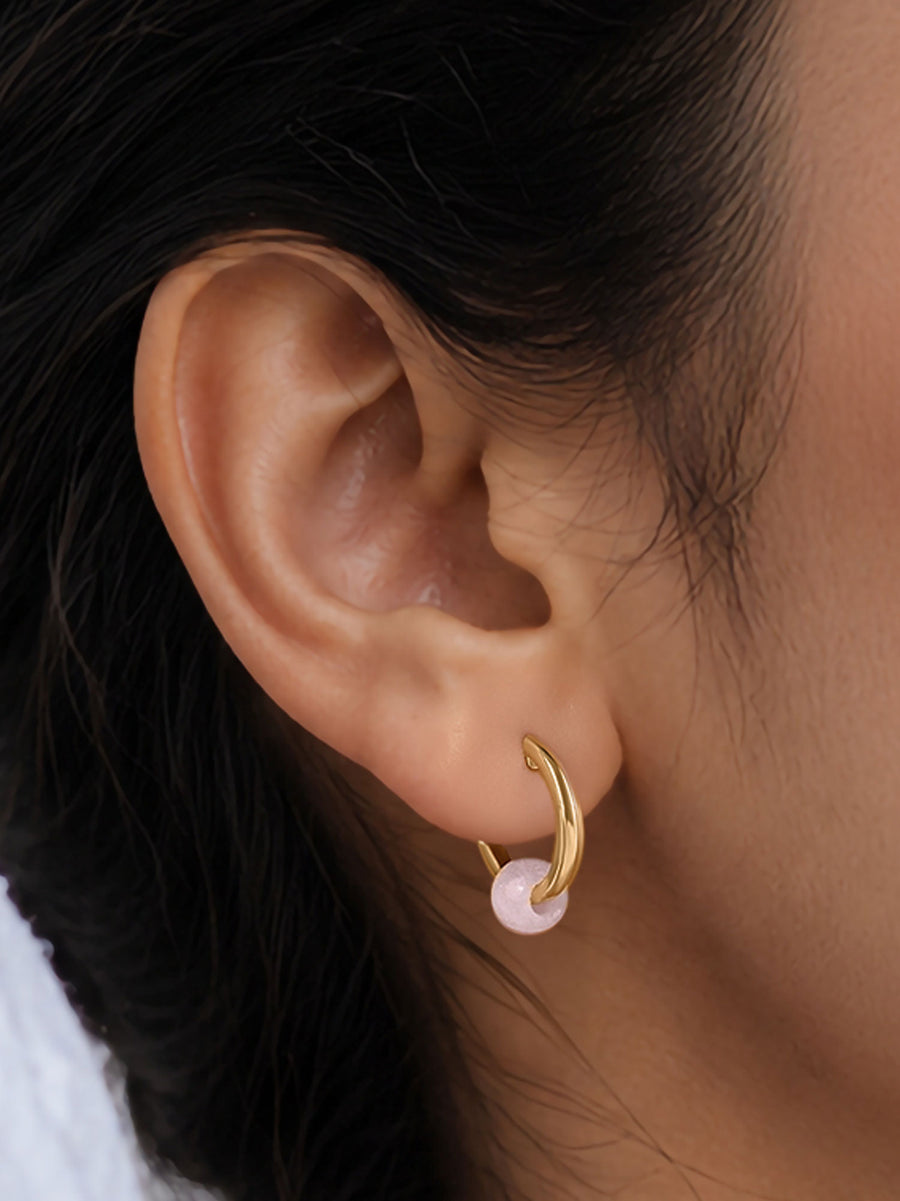 Natural Rose Quartz Hoop Charm Gold Plated Earrings for Women