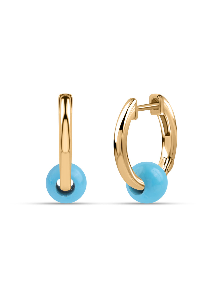 Natural Turquoise Bead Hoop Charm Silver Earrings
