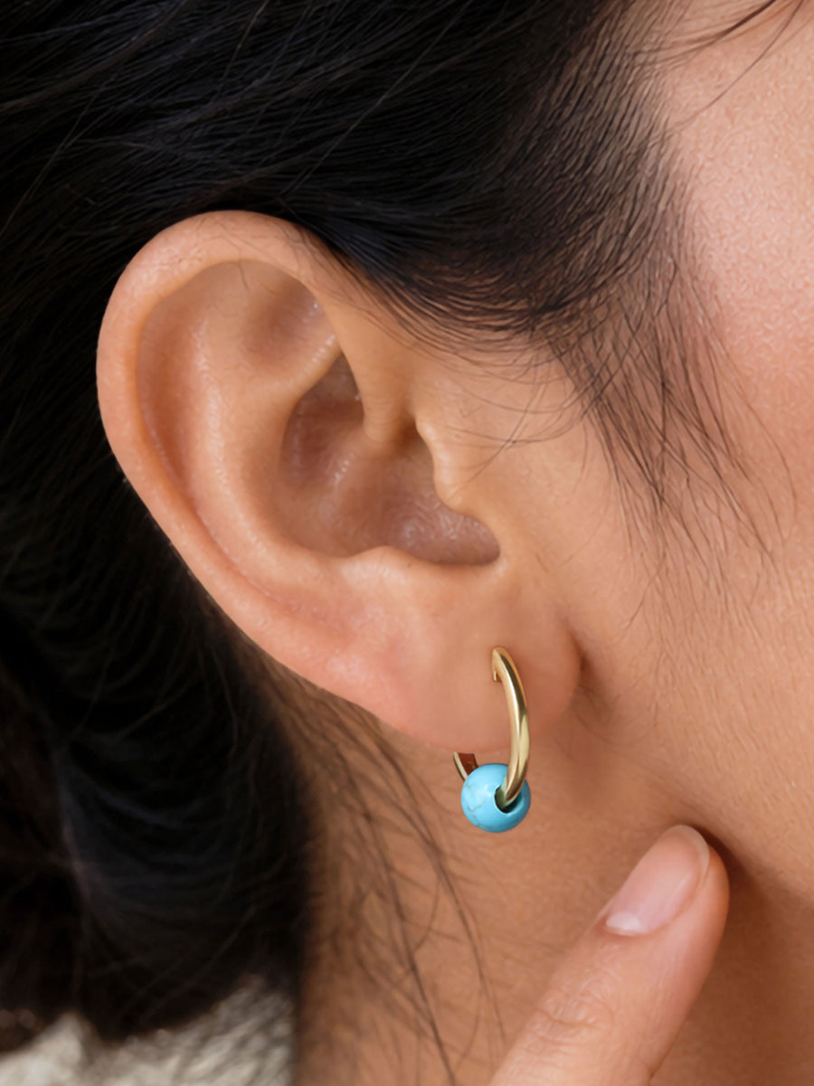 Natural Turquoise Bead Hoop Charm Gold Plated Earrings for Women
