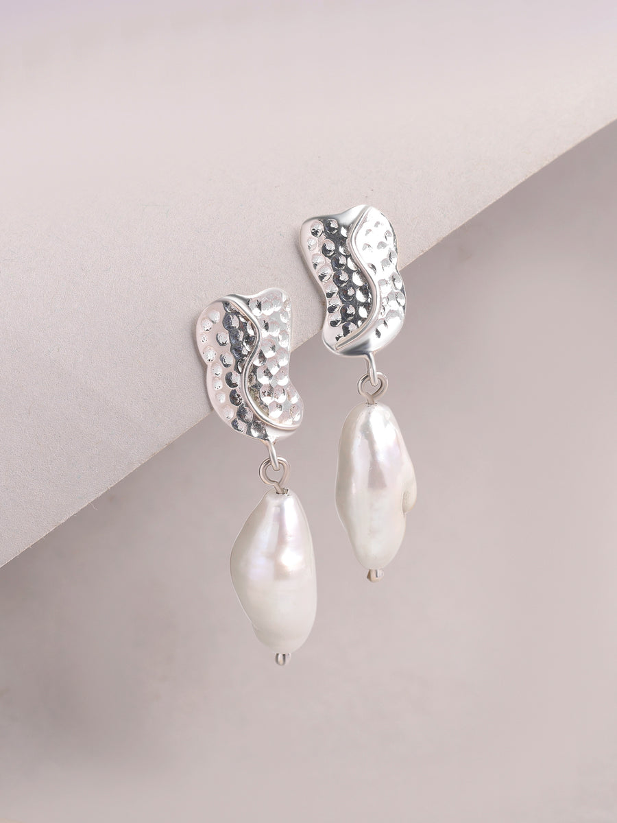 Baroque Pearl Leaf Silver Drop Earrings