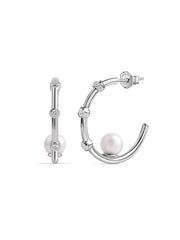 Modern Pearl Silver Hoop Earrings