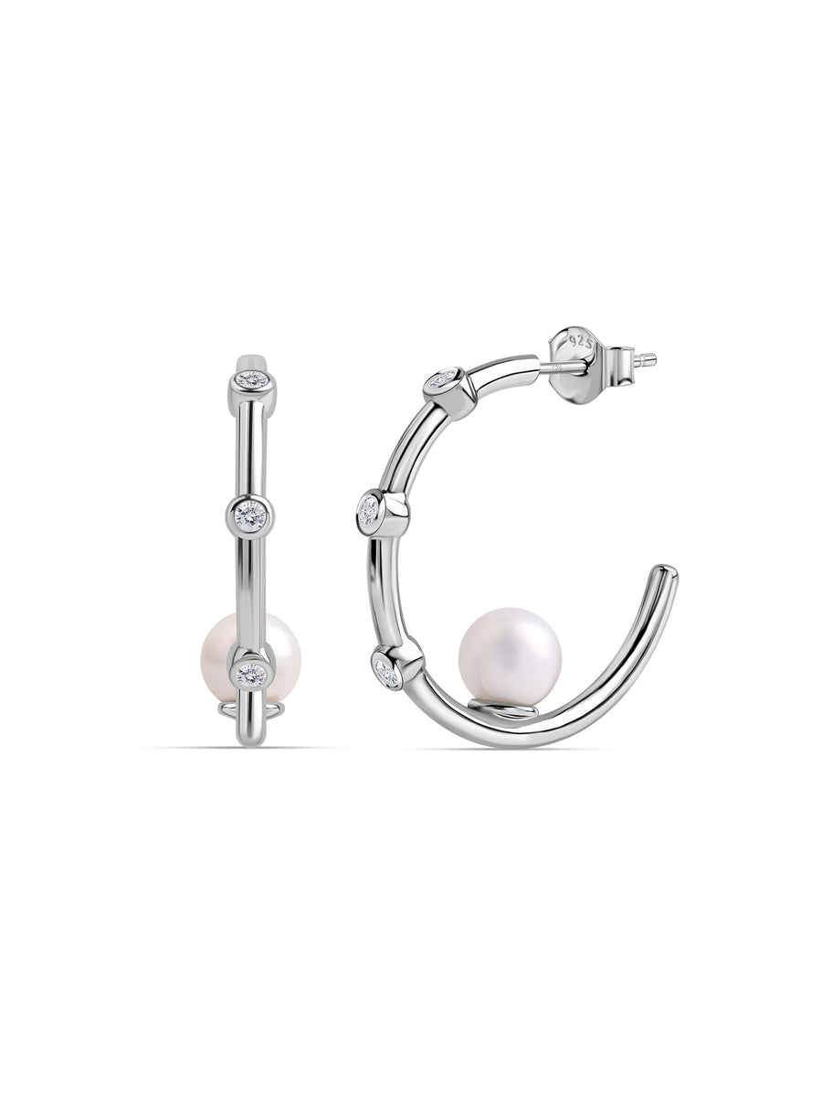 Modern Pearl Silver Hoop Earrings