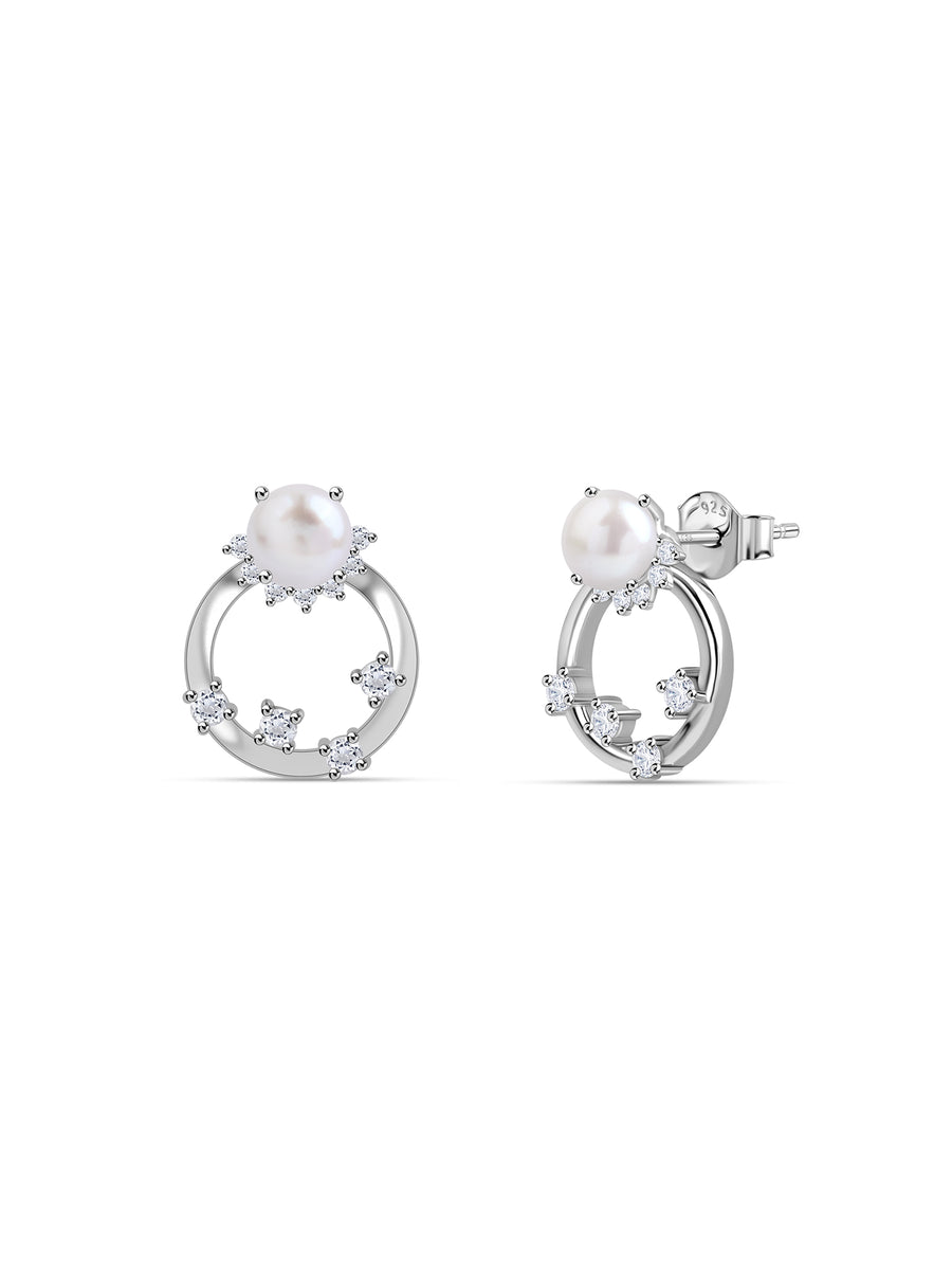 Pearl Halo Silver Hoop Earrings