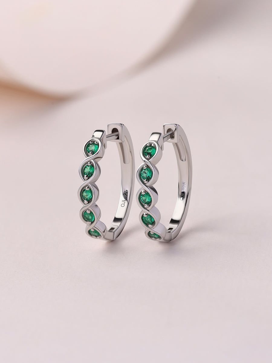 Silver Green Emerald CZ Twist Hoop Earrings