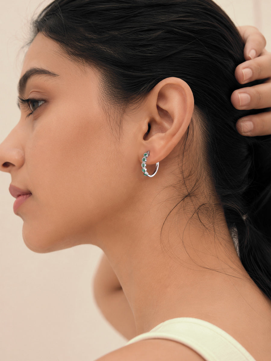 Silver Green Emerald CZ Twist Hoop Earrings