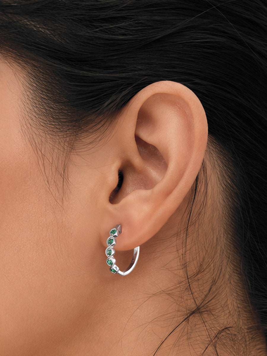 Silver Green Emerald CZ Twist Hoop Earrings