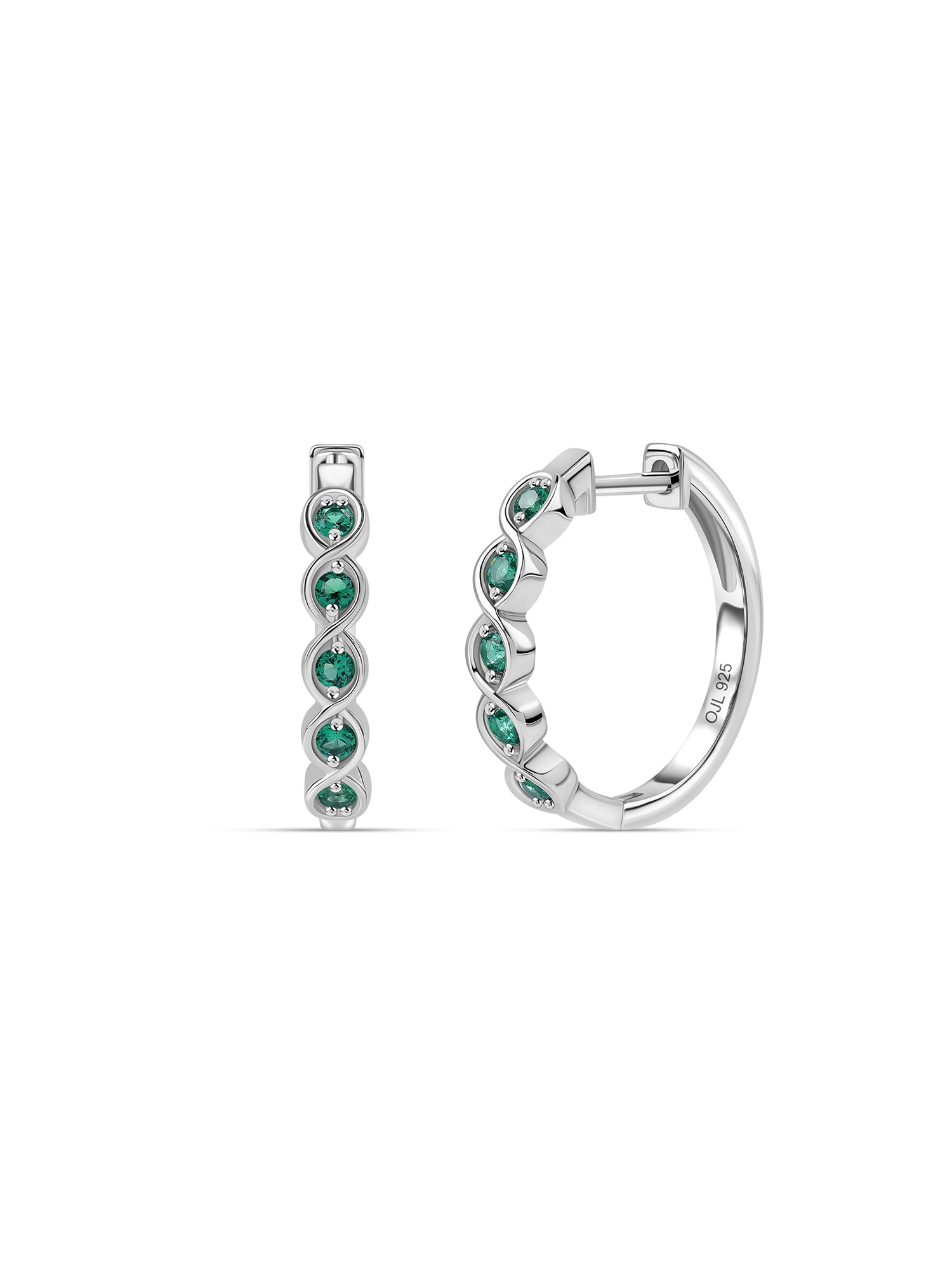 Silver Green Emerald CZ Twist Hoop Earrings
