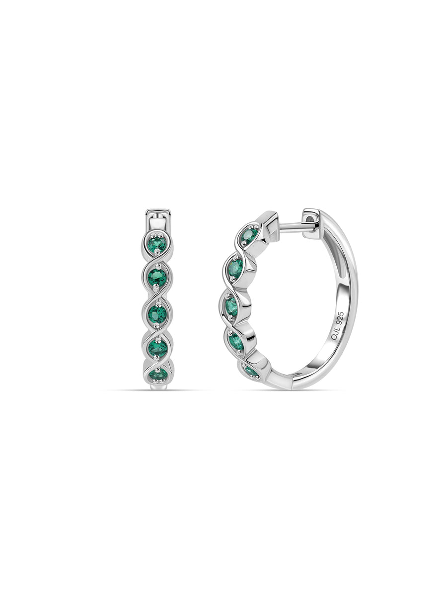 Silver Green Emerald CZ Twist Hoop Earrings
