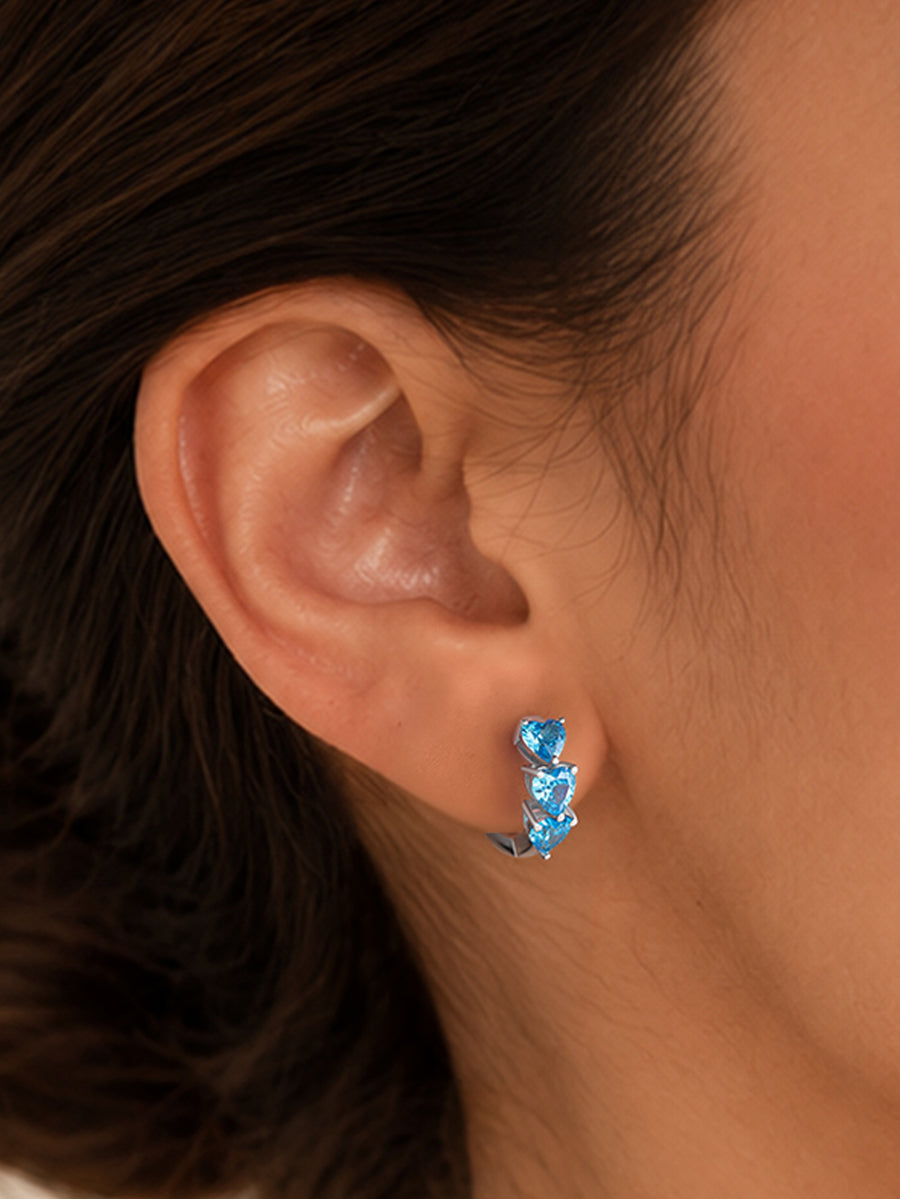 Silver Blue Topaz CZ Twin Heart Huggie Earrings