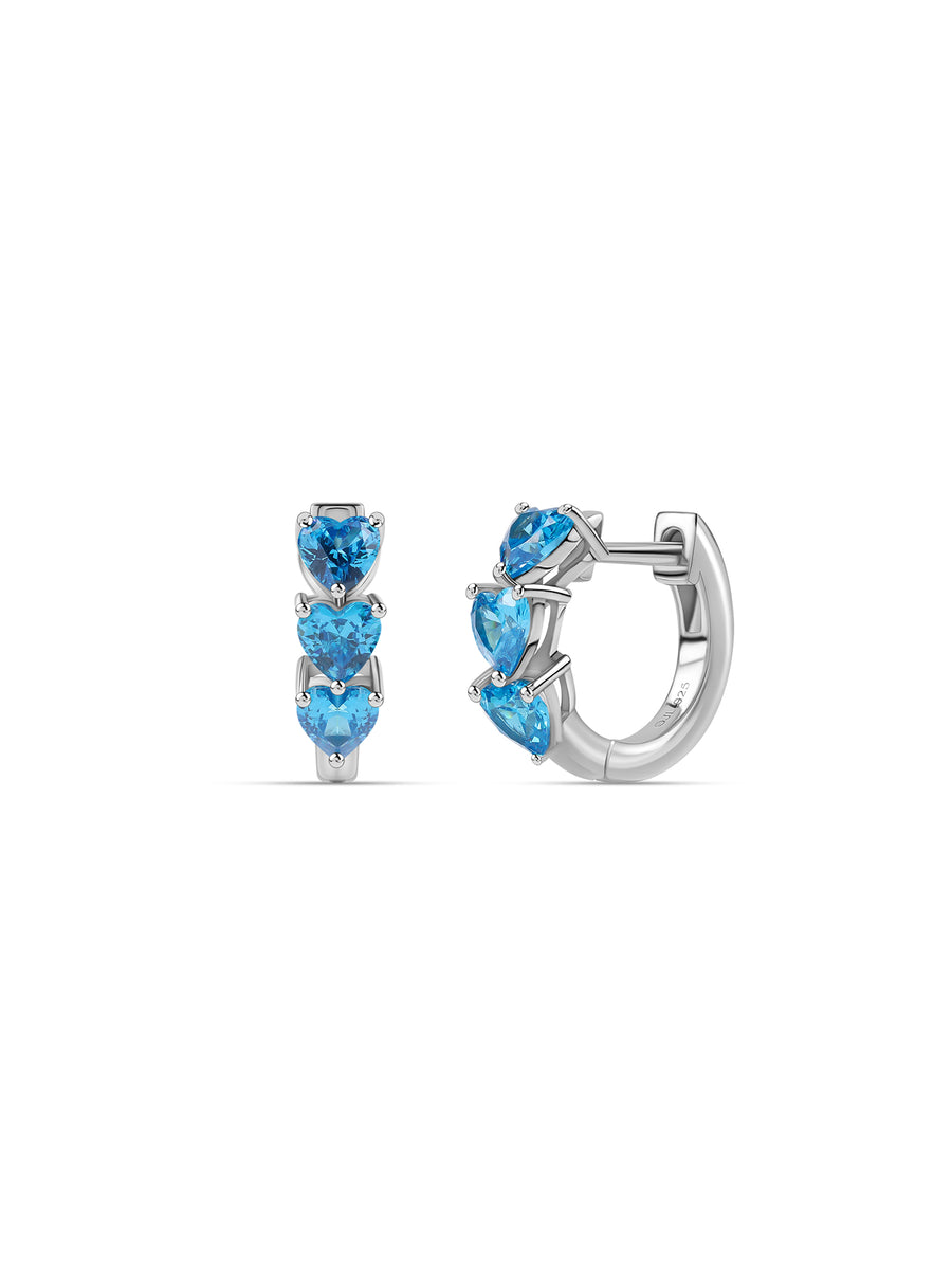 Silver Blue Topaz CZ Twin Heart Huggie Earrings