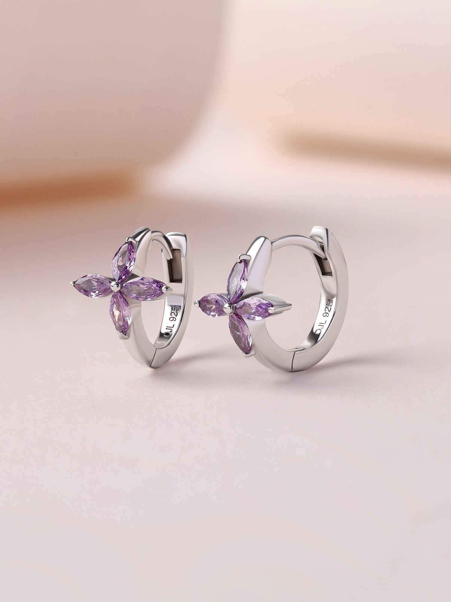 Silver Purple Amethyst CZ Flower Huggie Earrings