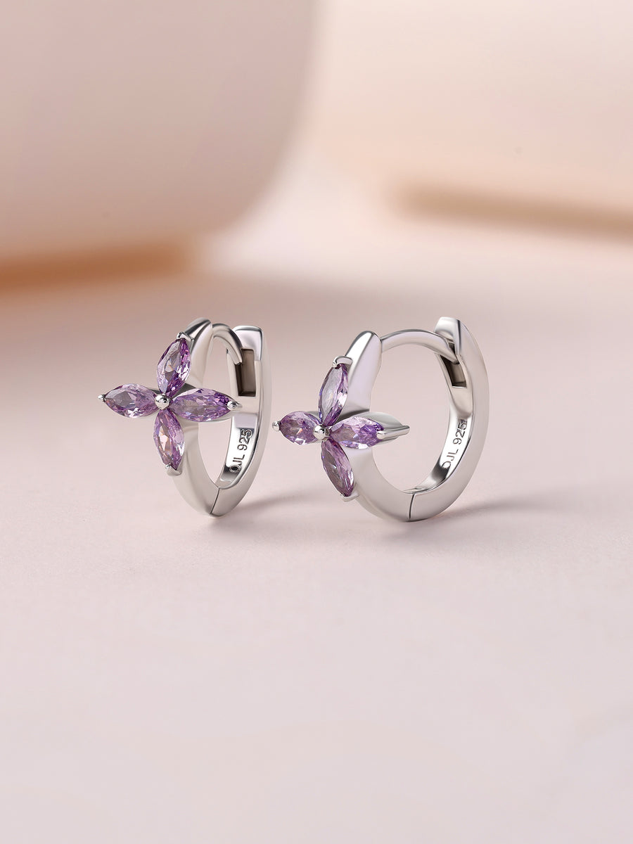 Silver Purple Amethyst CZ Flower Huggie Earrings