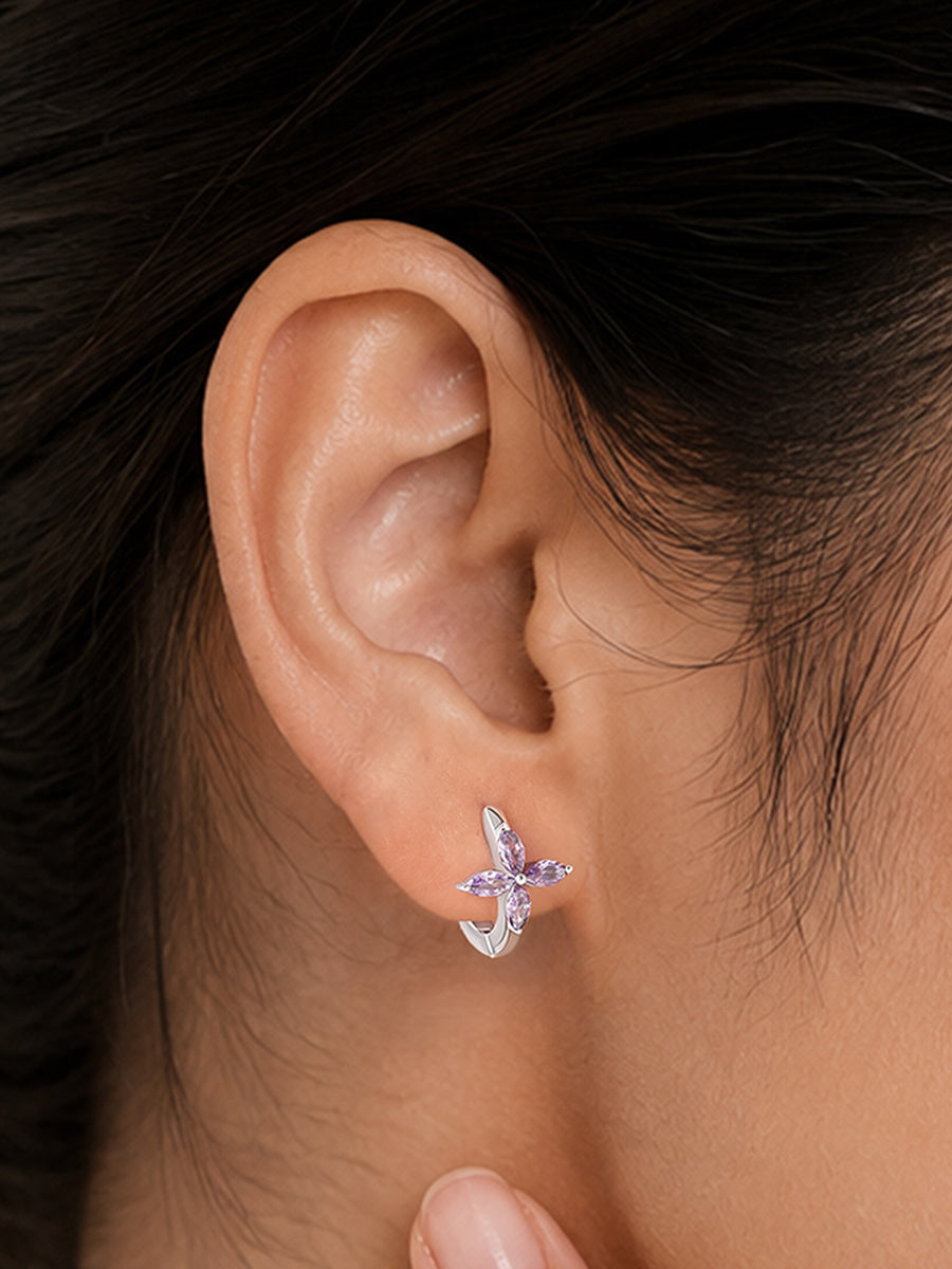 Silver Purple Amethyst CZ Flower Huggie Earrings