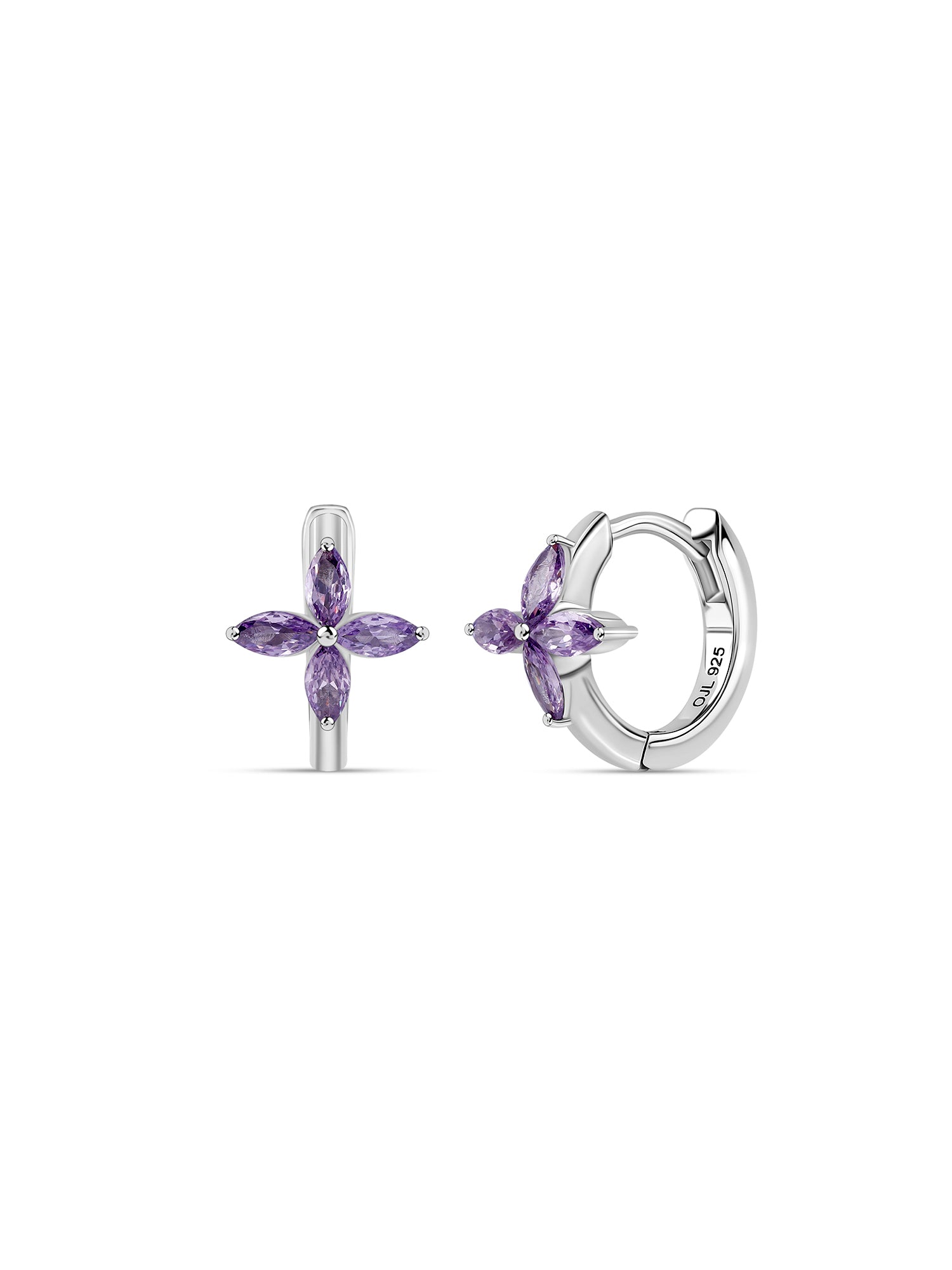 Silver Purple Amethyst CZ Flower Huggie Earrings