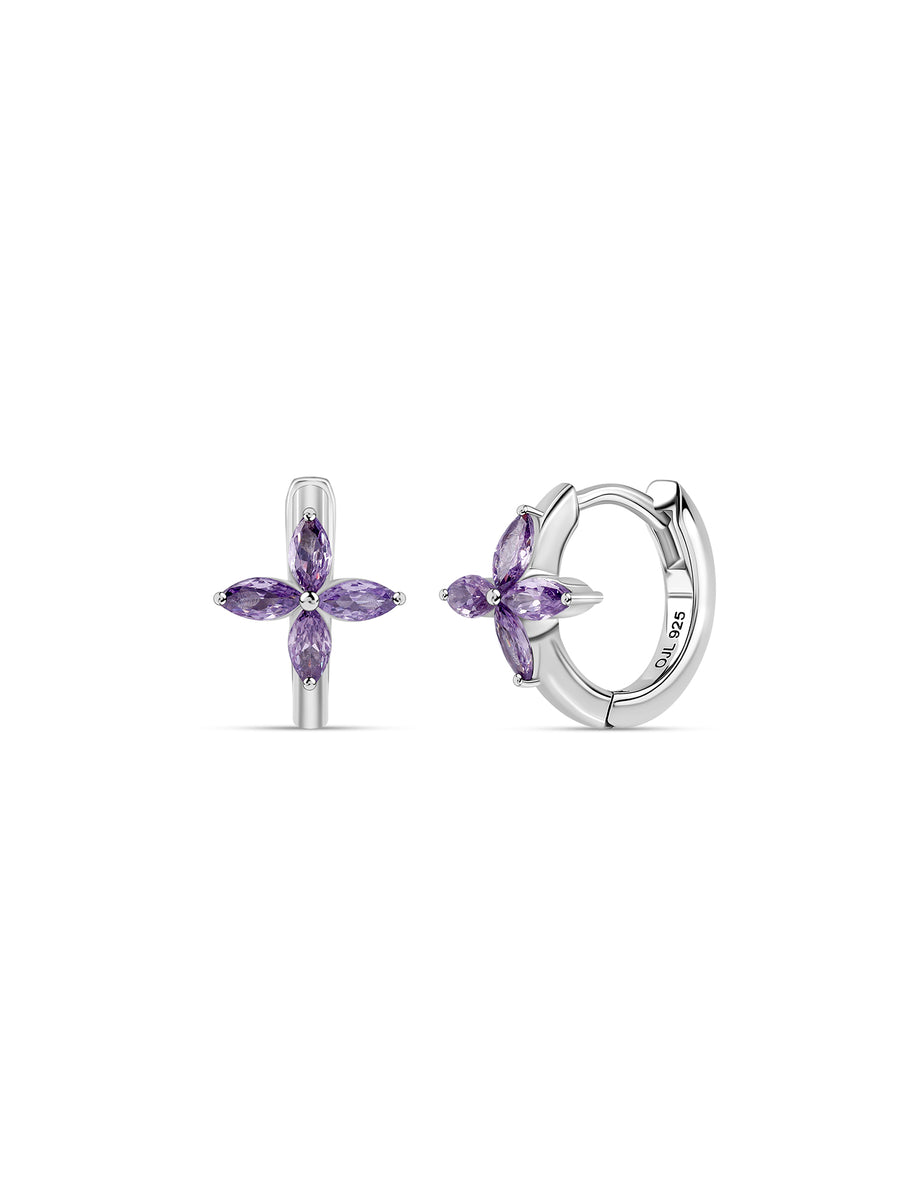 Silver Purple Amethyst CZ Flower Huggie Earrings