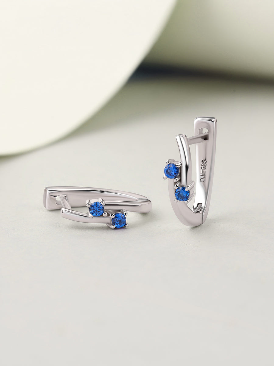 Silver Blue Sapphire CZ Crossover Hoop Earrings