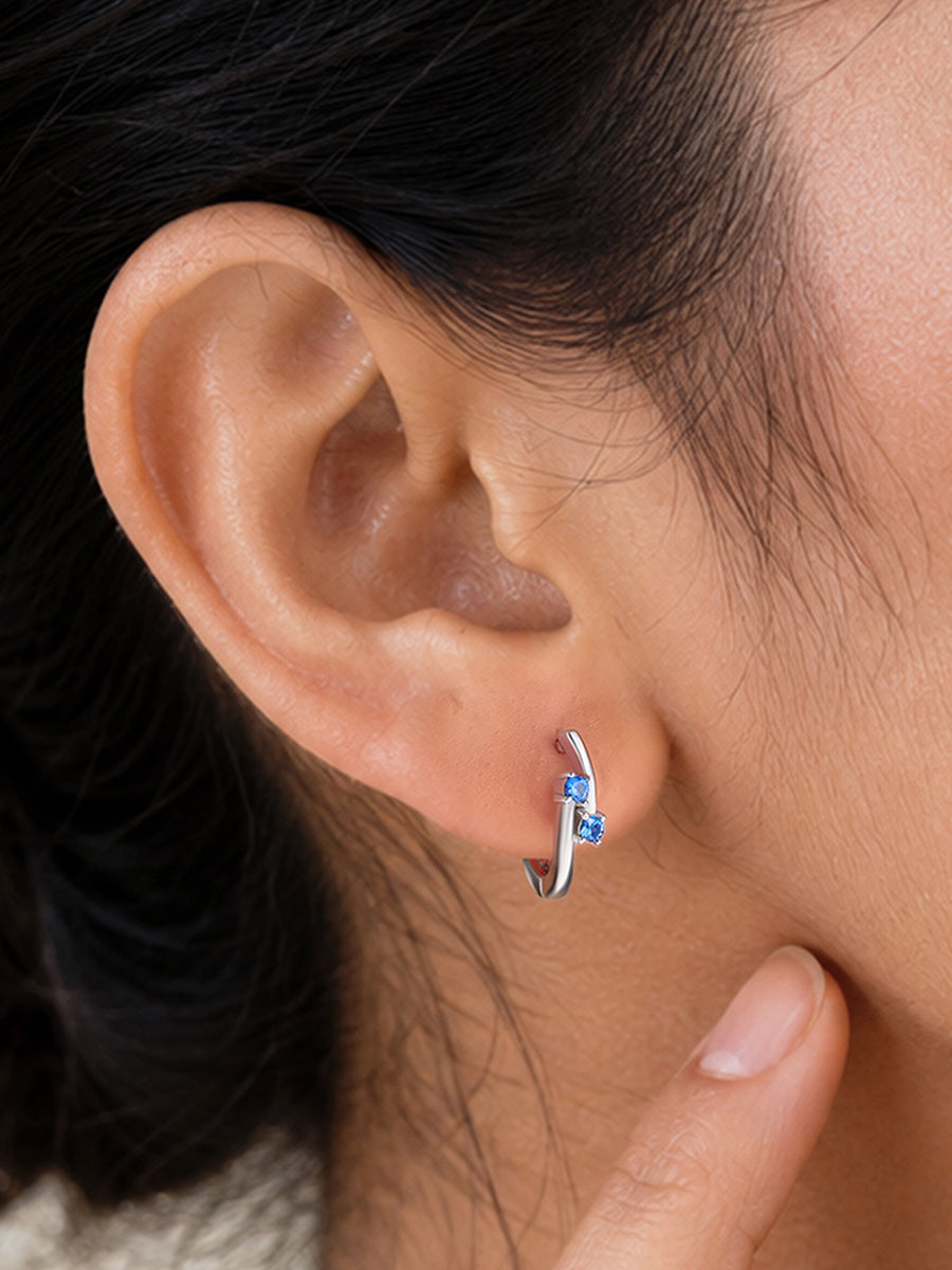 Silver Blue Sapphire CZ Crossover Hoop Earrings