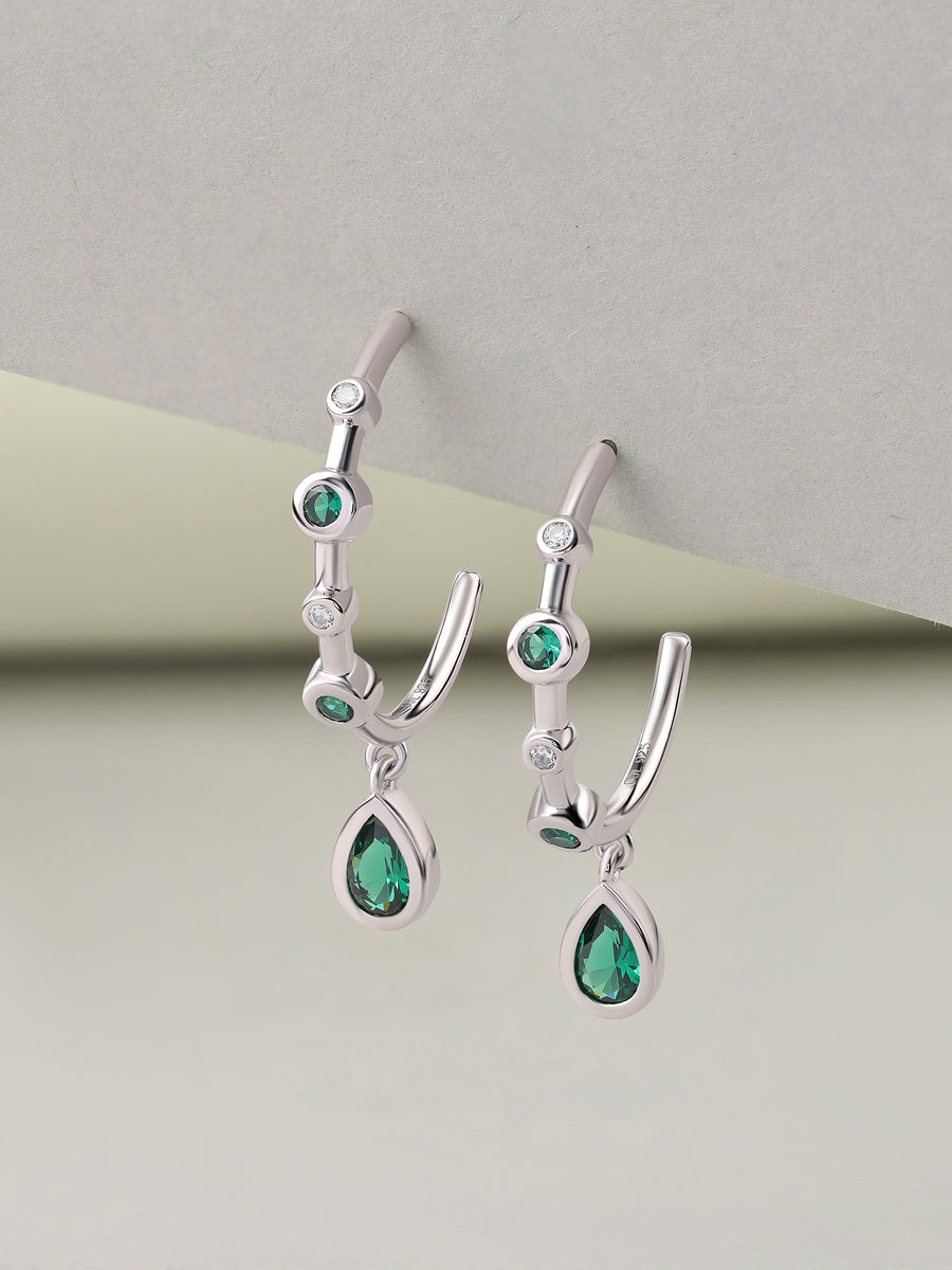 Silver Green Emerald CZ Teardrop Hoop Earrings