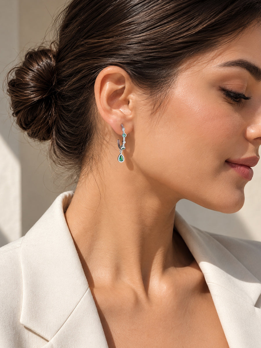 Silver Green Emerald CZ Teardrop Hoop Earrings