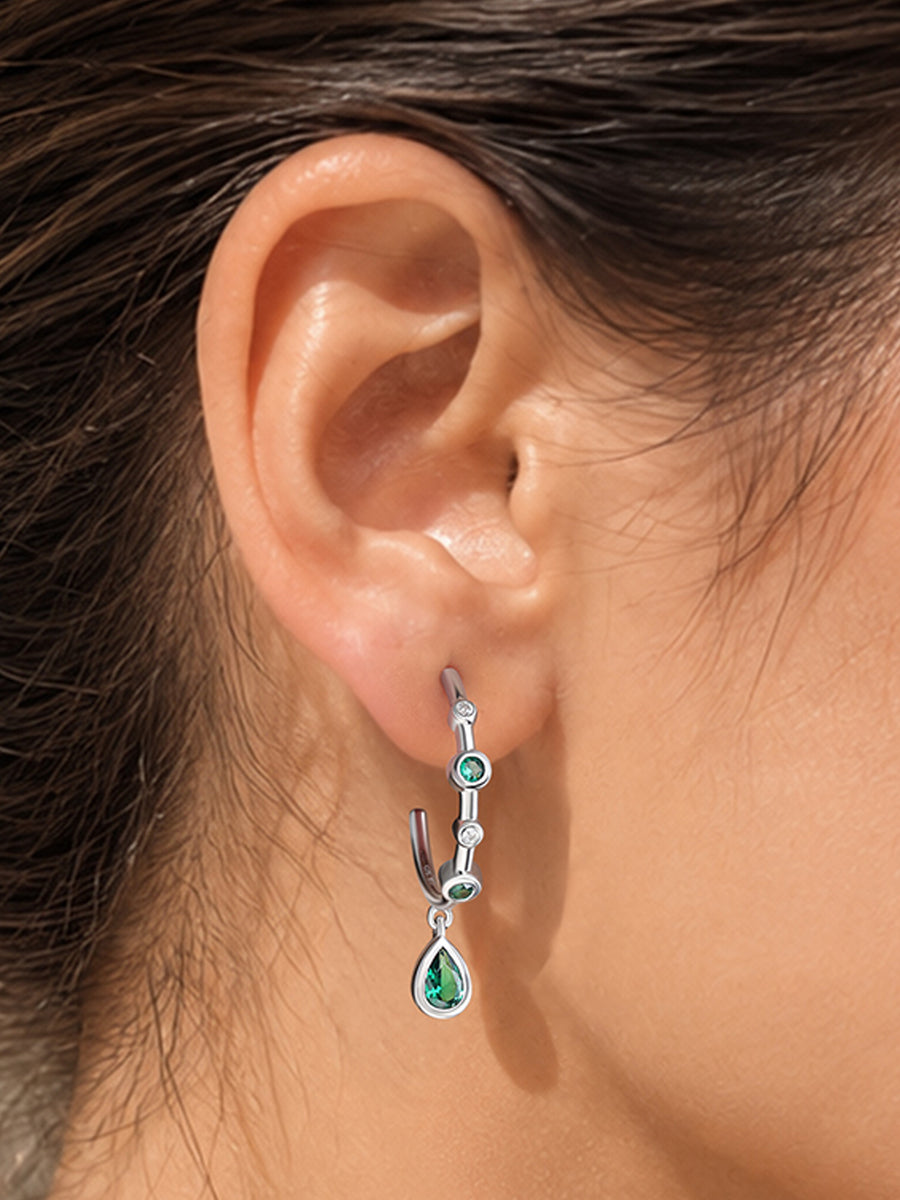 Silver Green Emerald CZ Teardrop Hoop Earrings