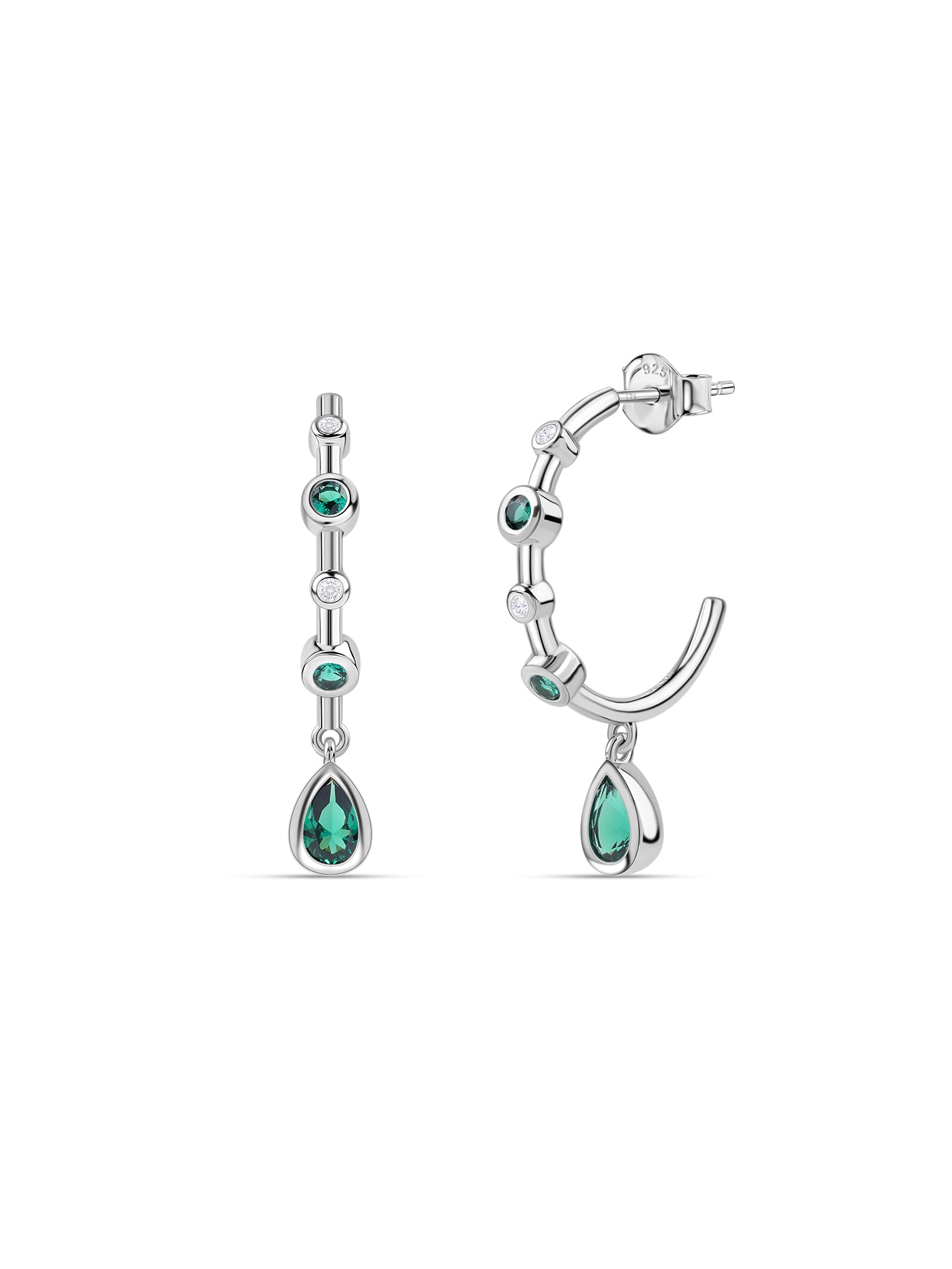 Silver Green Emerald CZ Teardrop Hoop Earrings