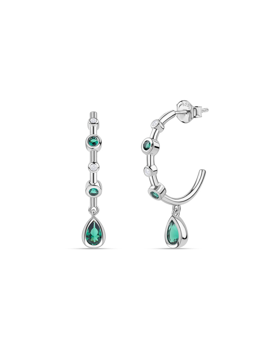 Silver Green Emerald CZ Teardrop Hoop Earrings