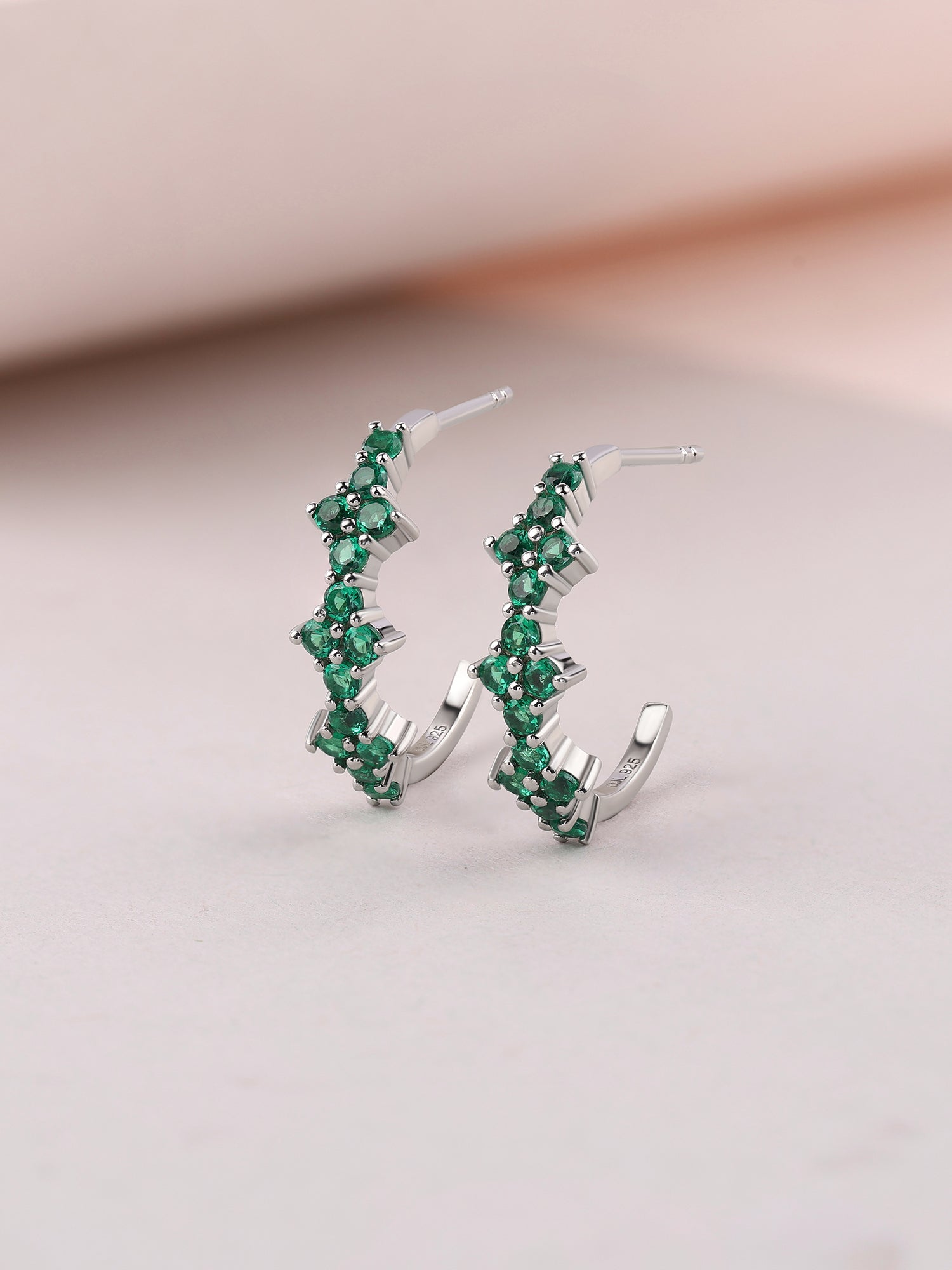 Silver Green Emerald CZ Marquise Hoop Earrings